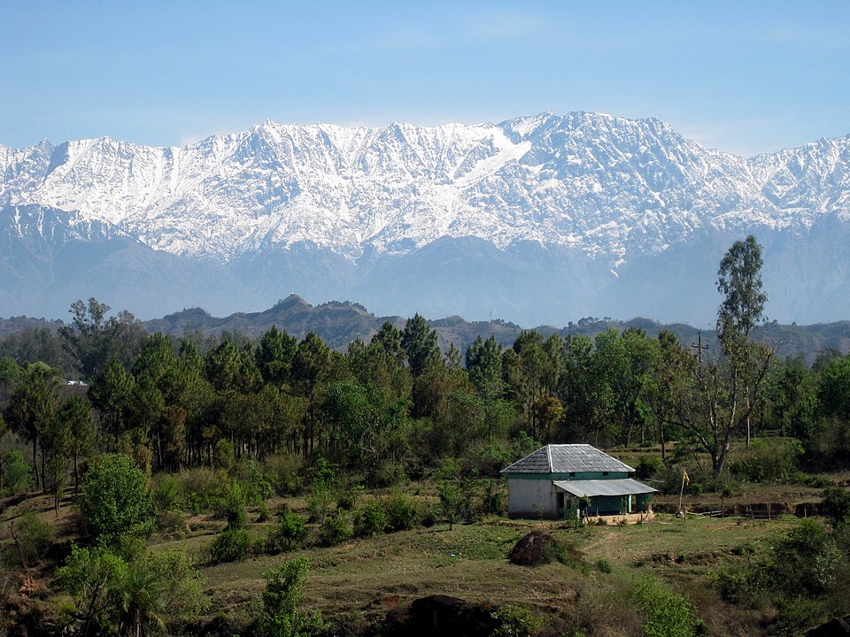 Dhauladhar Range snow wall rising above Kangra Valley